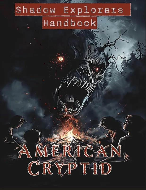 Cover of Shadow Explorers Handbook: American Cryptid, a fanged creature looming over a campfire