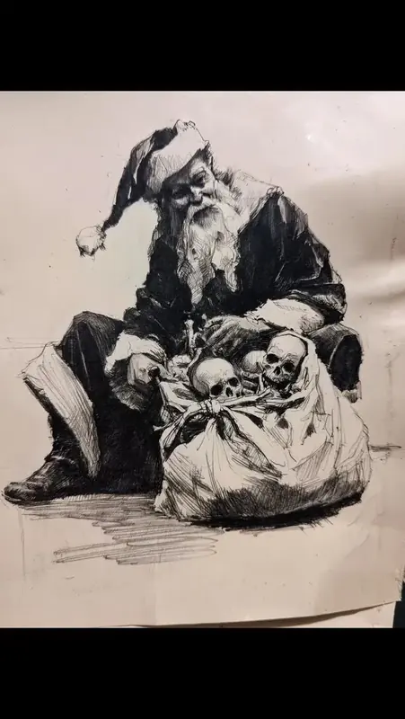 Ink drawing of a hunched, bearded Santa carrying a sack