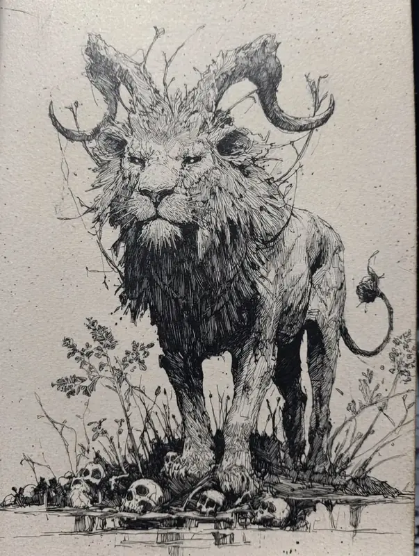 Ink drawing of Nian, the horned New Year beast of Chinese myth