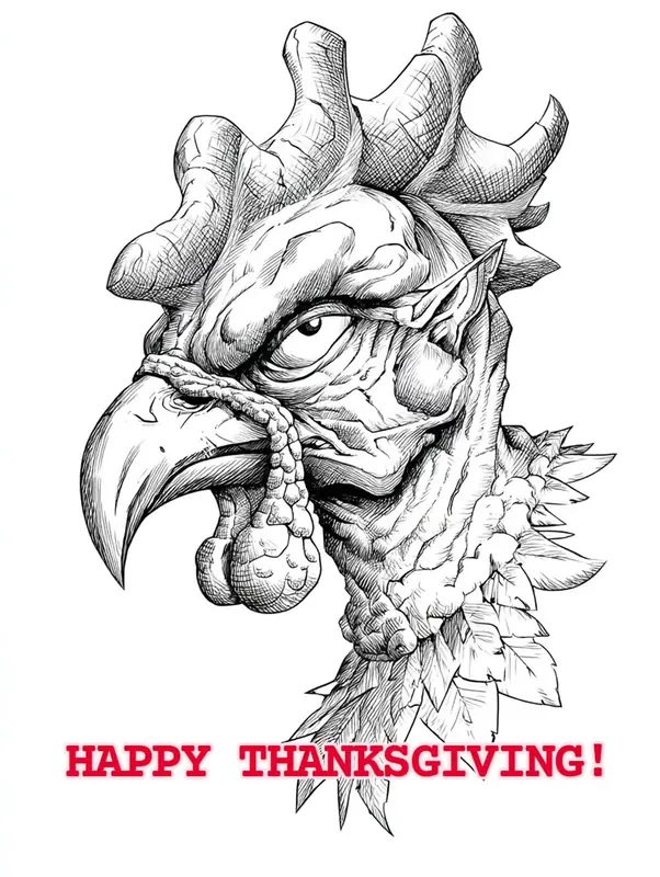 Ink drawing of a fierce rooster head with ragged feathers