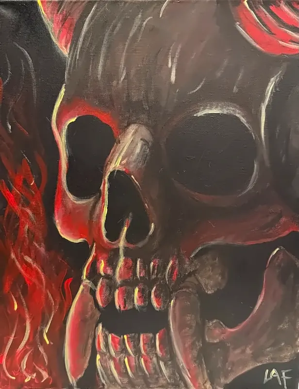 Painting of a charred grey skull with fangs, red flames licking up both sides