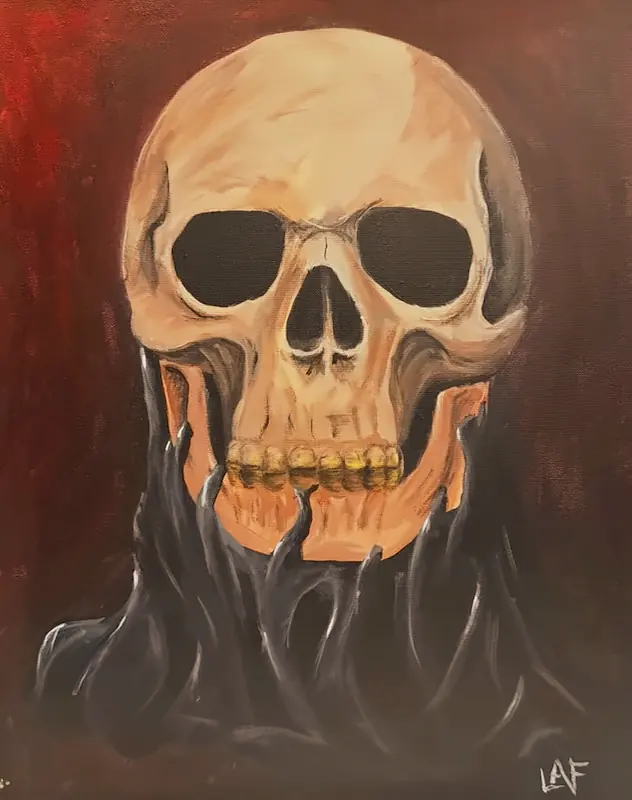 Painting of a pale skull with gold teeth melting into black drips over a red ground