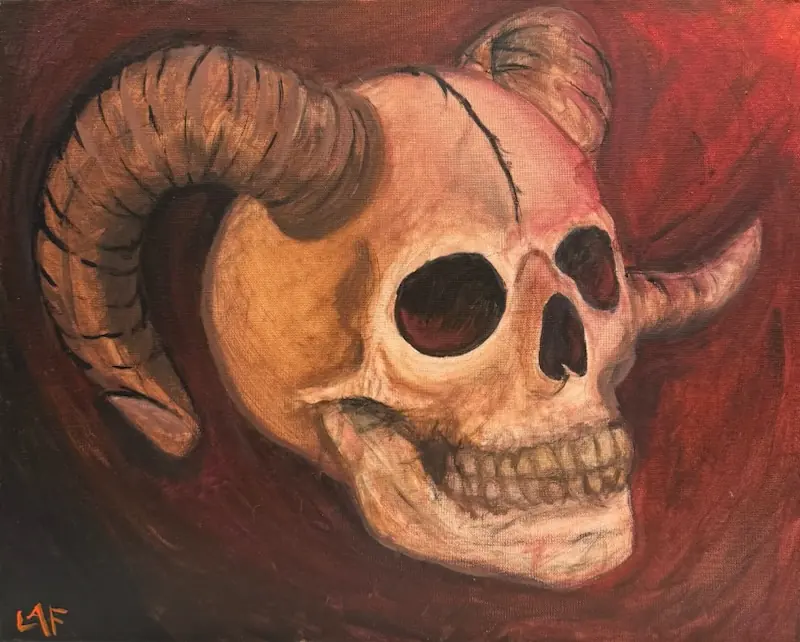 Painting of a ram-horned skull turned in profile against a deep red ground