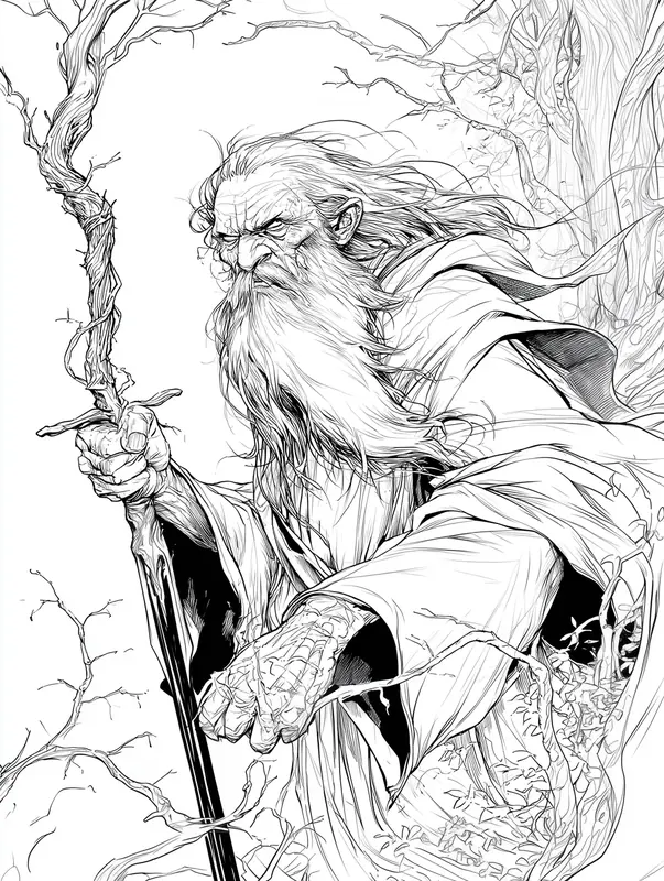Line art of Abhartach, an ancient Irish vampire with a staff