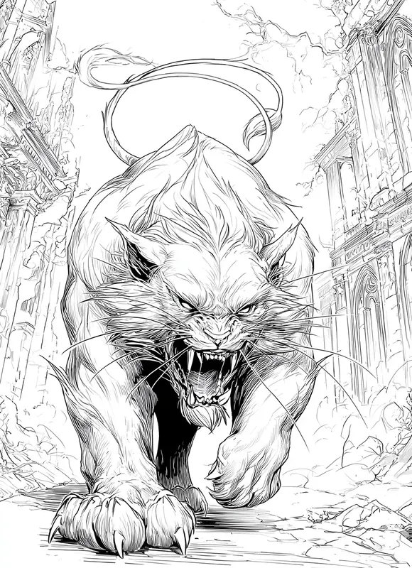 Line art of the Nabeshima vampire cat stalking forward