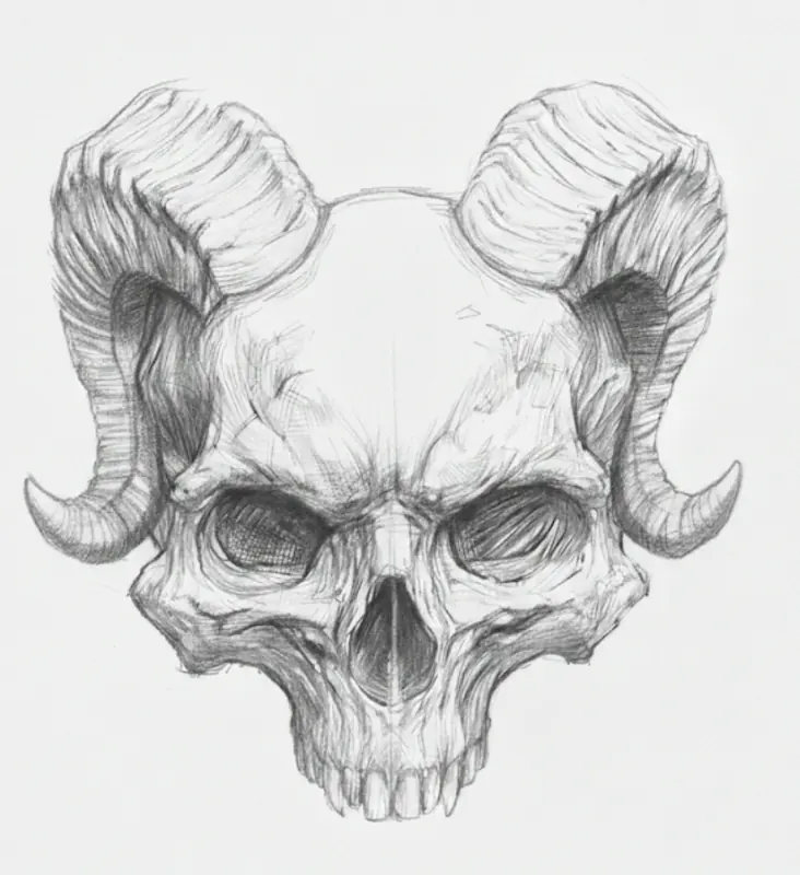 Pencil drawing of a skull with curling ram horns