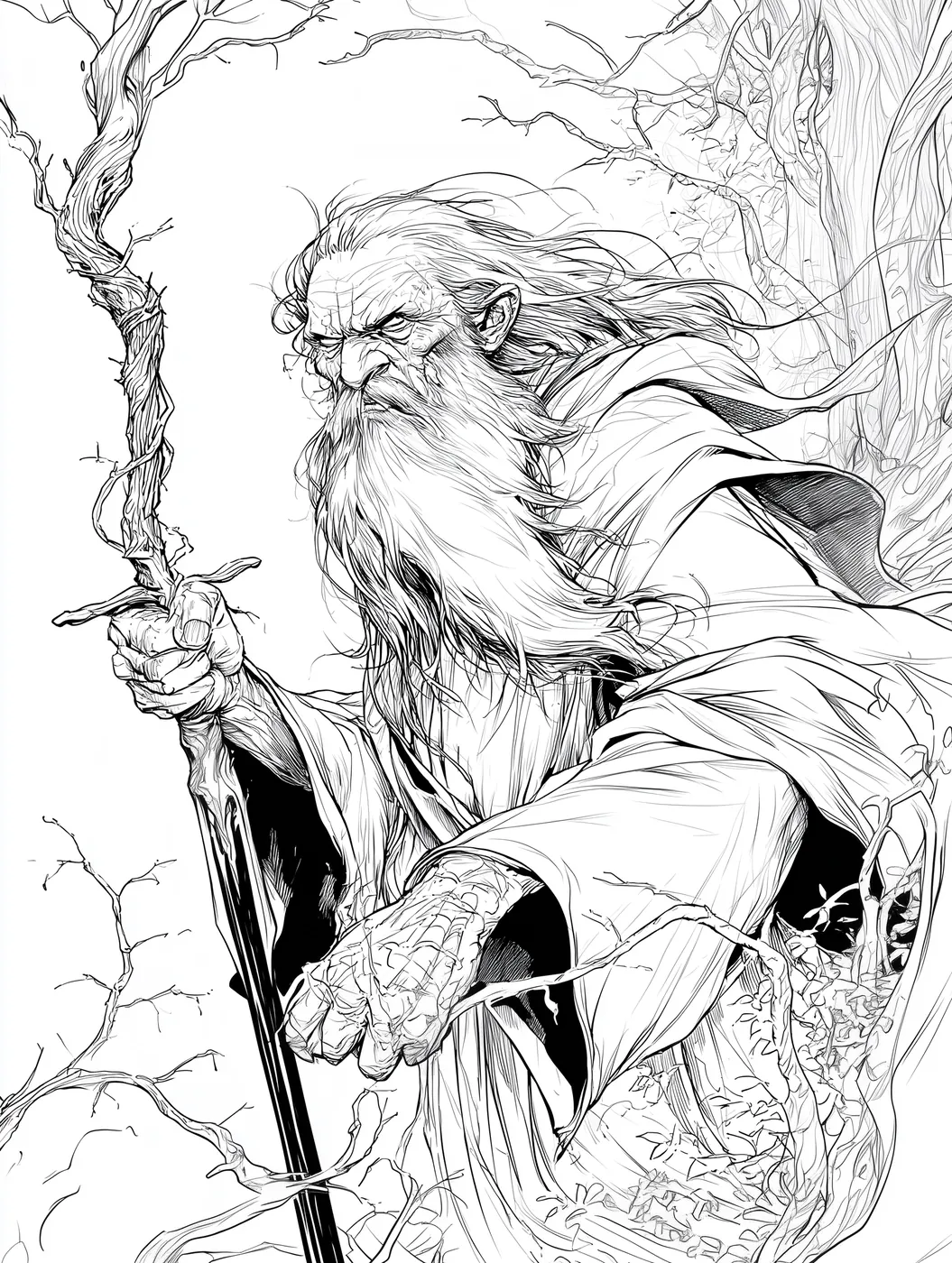 Line art coloring page of Abhartach, an ancient Irish vampire with a staff