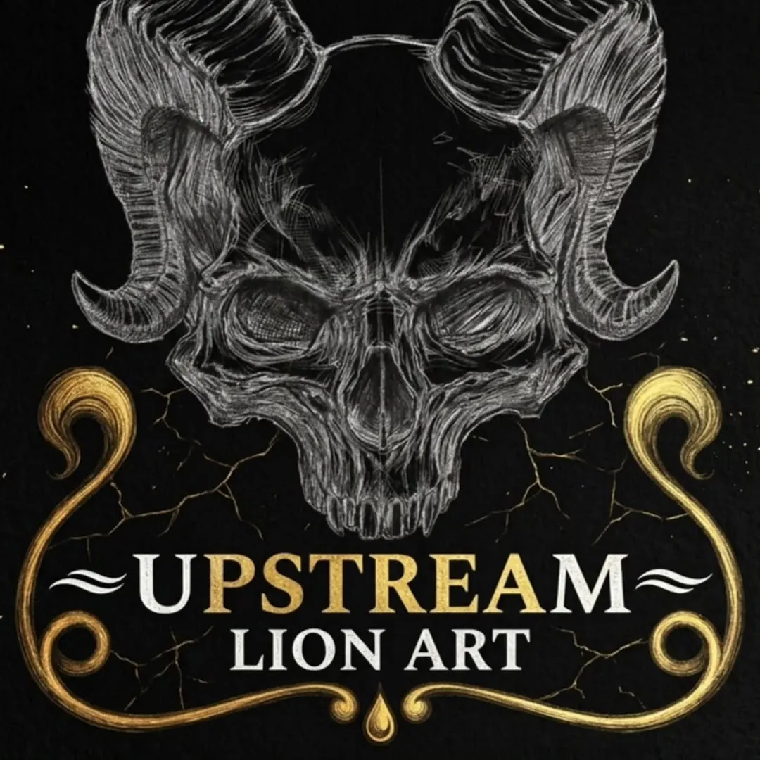 Upstream Lion Art logo: horned skull over gold scrollwork