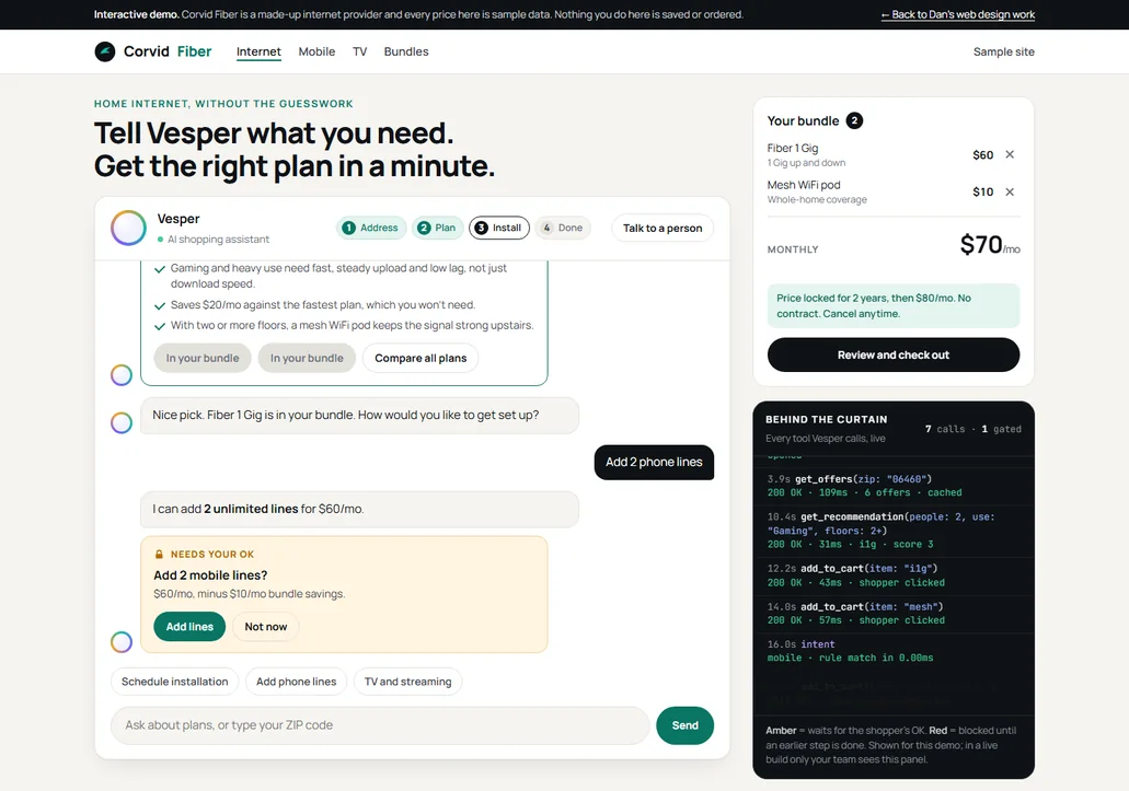 Vesper demo on desktop: a chat recommending a Fiber 1 Gig plan, a running bundle total, and a live panel listing each tool the assistant calls
