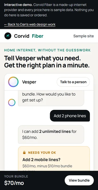 The same demo on a phone, with a Talk to a person button and Vesper asking the shopper to approve adding two mobile lines